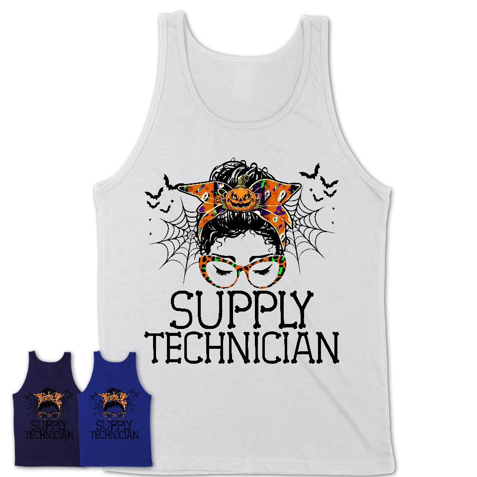 Halloween Supply Technician Shirt, Messy Bun Girl Shirt, Funny Coworker Gift in Halloween, Scary Costume Team Shirt