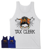 Halloween Tax Clerk Shirt, Messy Bun Girl Shirt, Funny Coworker Gift in Halloween, Scary Costume Team Shirt