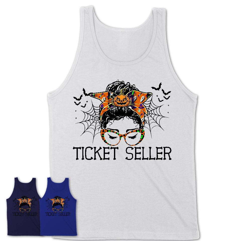 Halloween Ticket Seller Shirt, Messy Bun Girl Shirt, Funny Coworker Gift in Halloween, Scary Costume Team Shirt