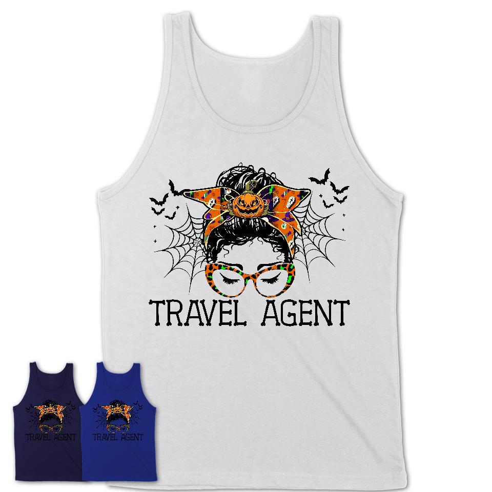 Halloween Travel Agent Shirt, Messy Bun Girl Shirt, Funny Coworker Gift in Halloween, Scary Costume Team Shirt