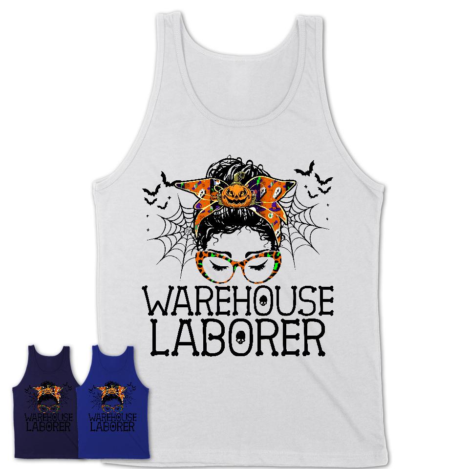 Halloween Warehouse Laborer Shirt, Messy Bun Girl Shirt, Funny Coworker Gift in Halloween, Scary Costume Team Shirt