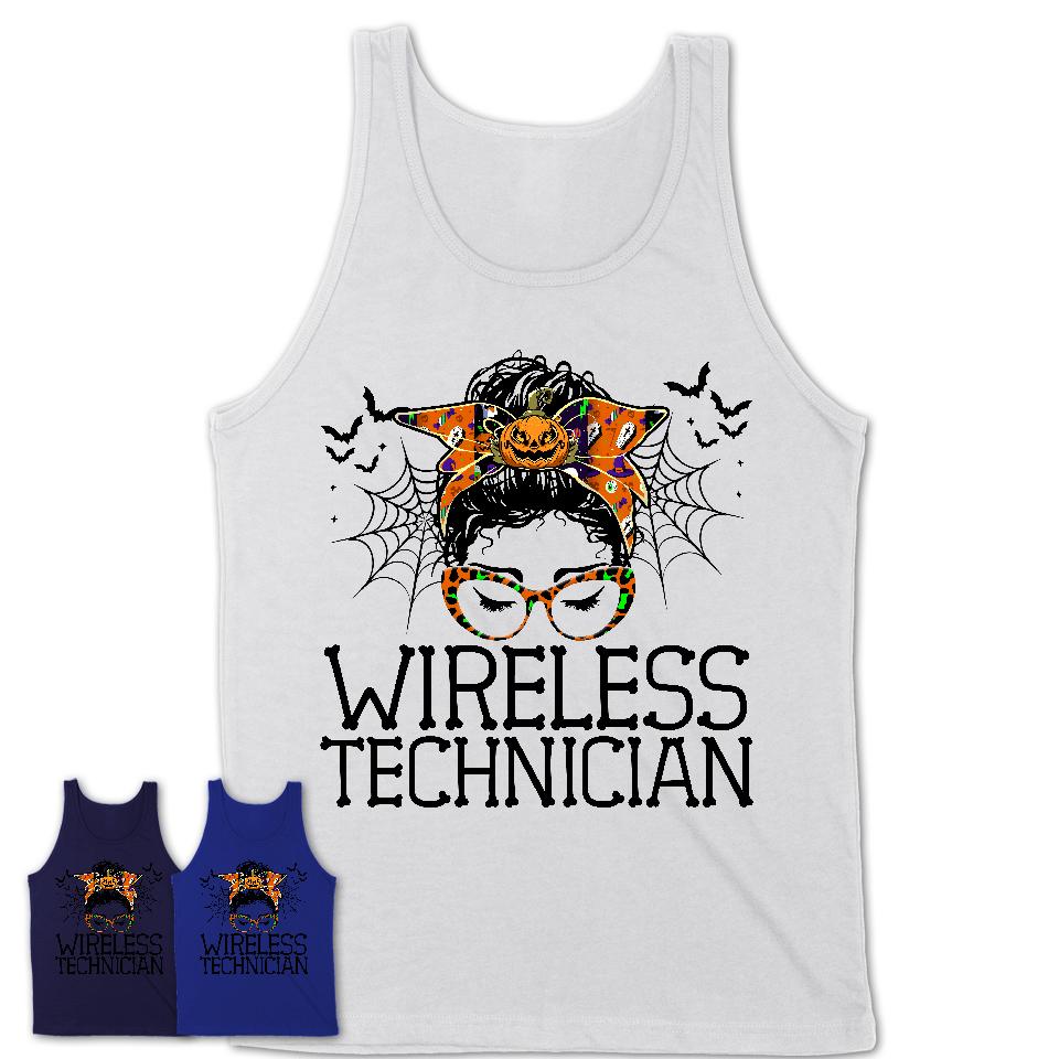 Halloween Wireless Technician Shirt, Messy Bun Girl Shirt, Funny Coworker Gift in Halloween, Scary Costume Team Shirt