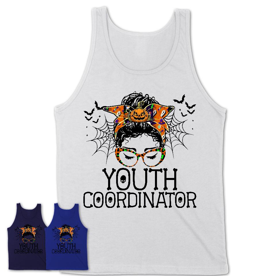 Halloween Youth Coordinator Shirt, Messy Bun Girl Shirt, Funny Coworker Gift in Halloween, Scary Costume Team Shirt
