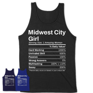 Midwest City Girl Oklahoma Nutrition Facts Proud Vintage Sport Born Living City Home Roots USA Gift Women T-Shirt