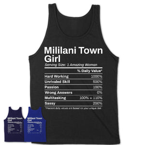 Mililani Town Girl Hawaii Nutrition Facts Proud Vintage Sport Born Living City Home Roots USA Gift Women T-Shirt