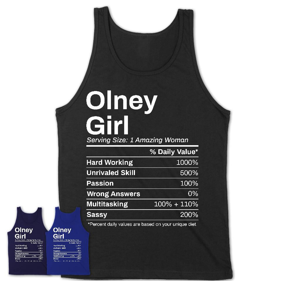 Olney Girl Maryland Nutrition Facts Proud Vintage Sport Born Living City Home Roots USA Gift Women T-Shirt