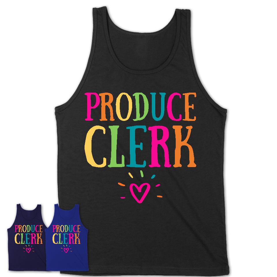 Produce Clerk Rainbow Lettering Heart Shirt, Employee Appreciation Gifts