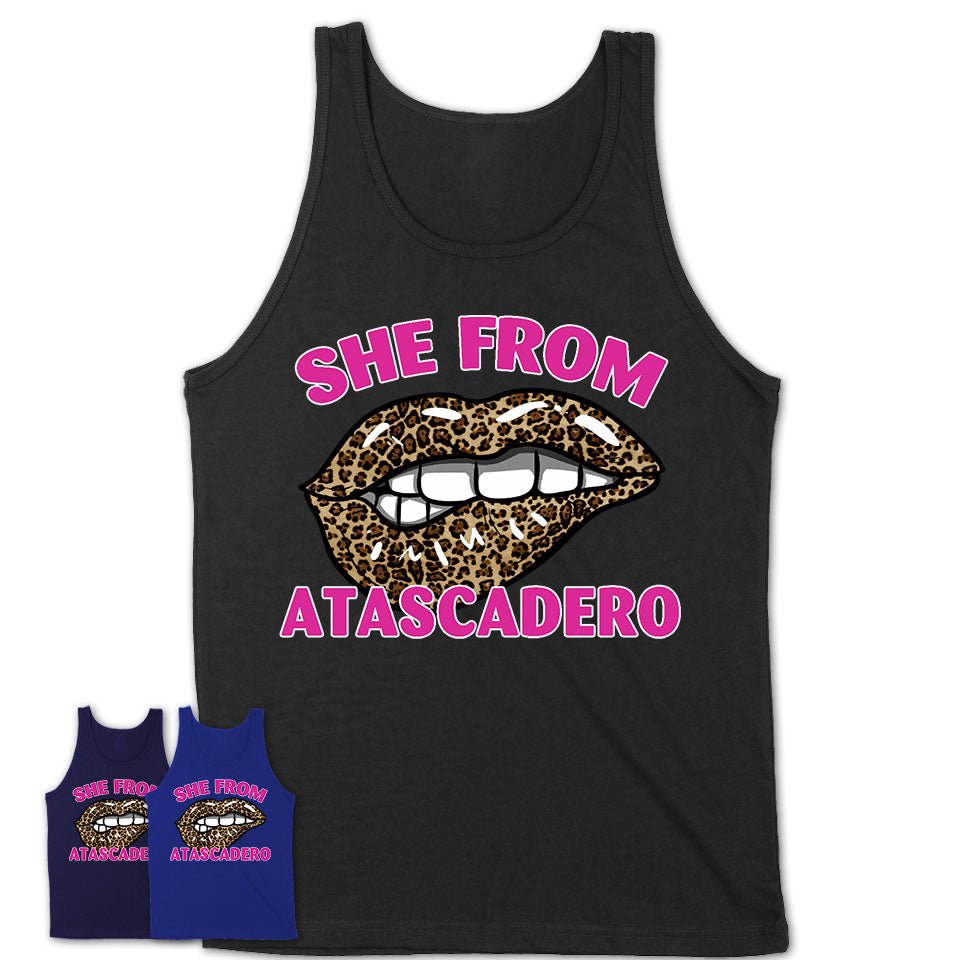 She From Atascadero California Gift Cheetah Leopard Sexy Lips Shirt