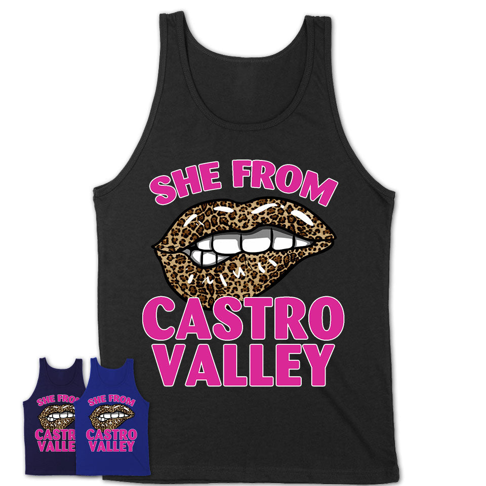 She From Castro Valley California Gift Cheetah Leopard Sexy Lips Shirt