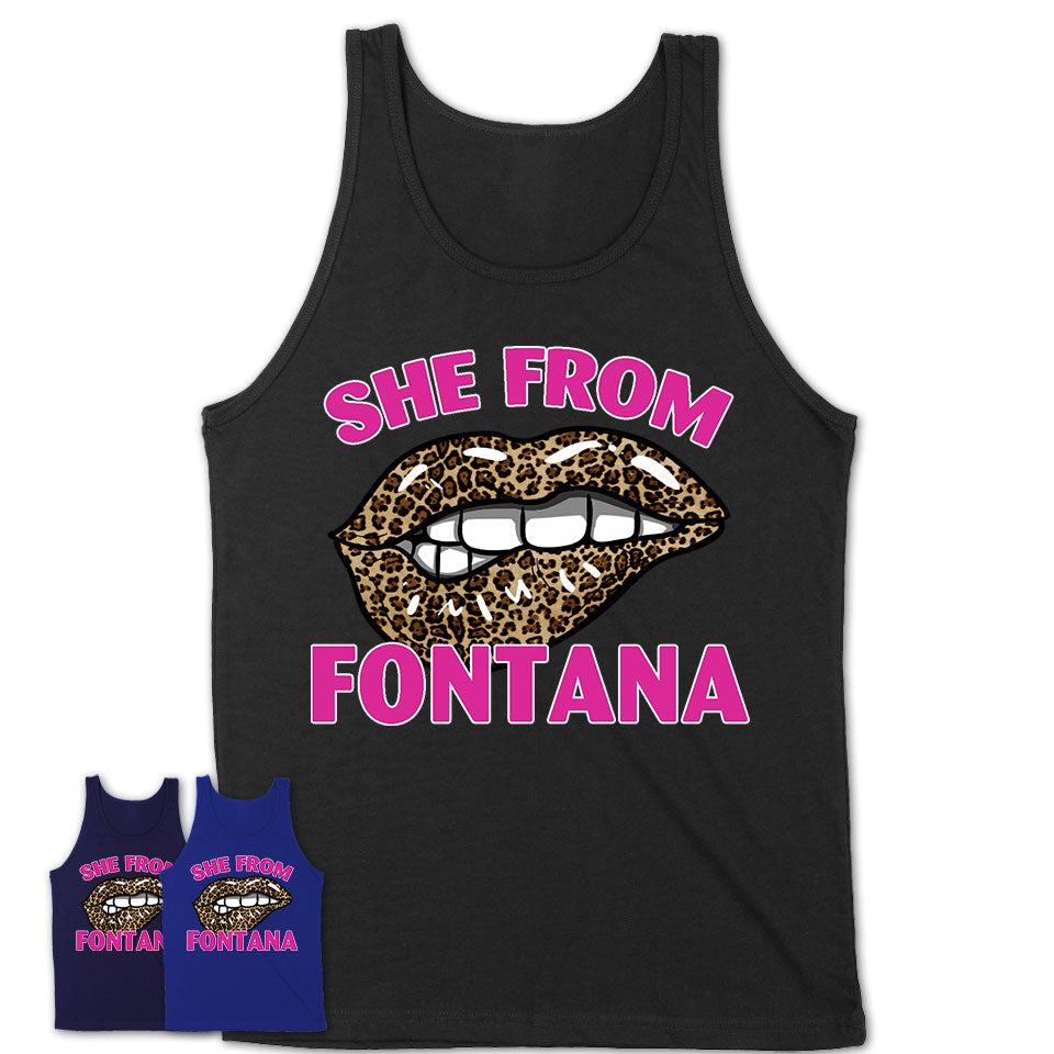 She From Fontana California Gift Cheetah Leopard Sexy Lips Shirt