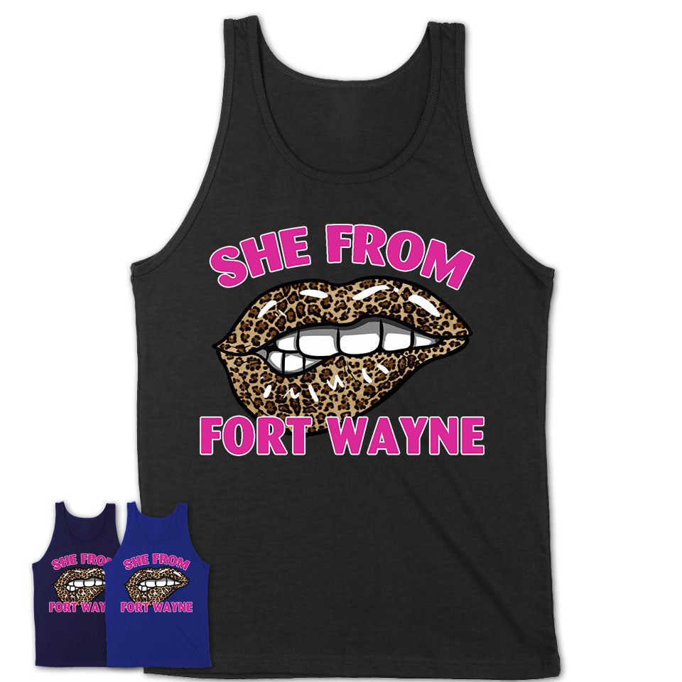 She From Fort Wayne Indiana Gift Cheetah Leopard Sexy Lips Shirt