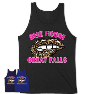 She From Great Falls Montana Gift Cheetah Leopard Sexy Lips Shirt