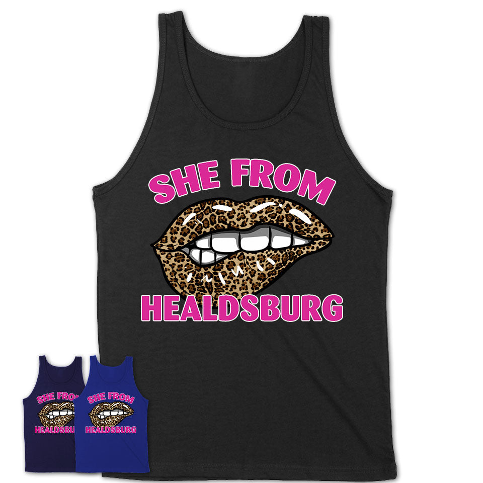 She From Healdsburg California Gift Cheetah Leopard Sexy Lips Shirt