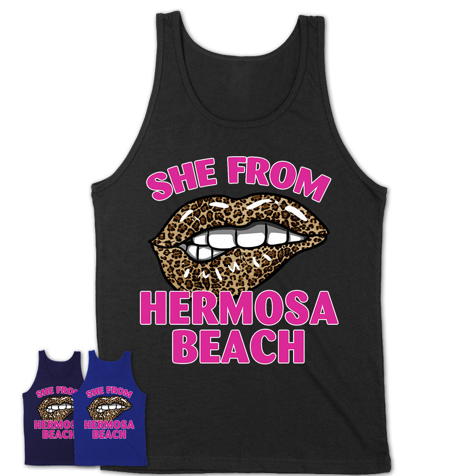 She From Hermosa Beach California Gift Cheetah Leopard Sexy Lips Shirt