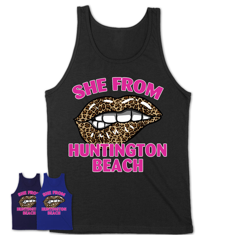 She From Huntington Beach California Gift Cheetah Leopard Sexy Lips Shirt