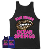 She From Ocean Springs Mississippi Gift Cheetah Leopard Sexy Lips Shirt