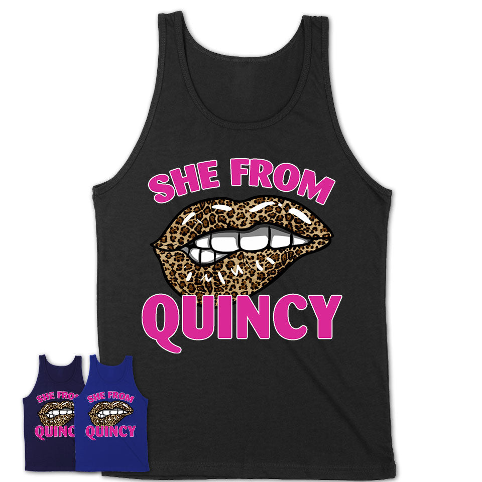 She From Quincy Massachusetts Gift Cheetah Leopard Sexy Lips Shirt