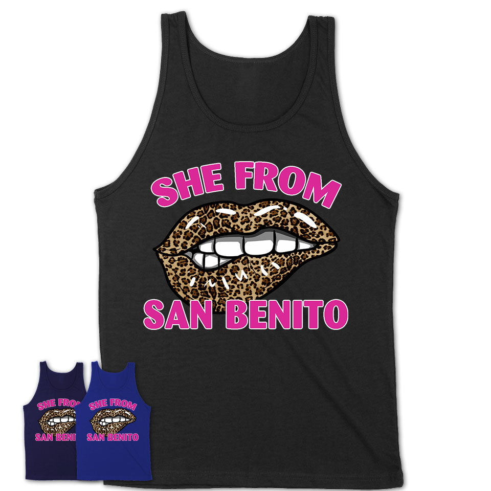 She From San Benito Texas Gift Cheetah Leopard Sexy Lips Shirt