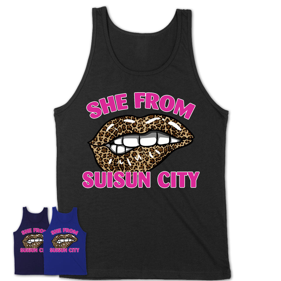 She From Suisun City California Gift Cheetah Leopard Sexy Lips Shirt