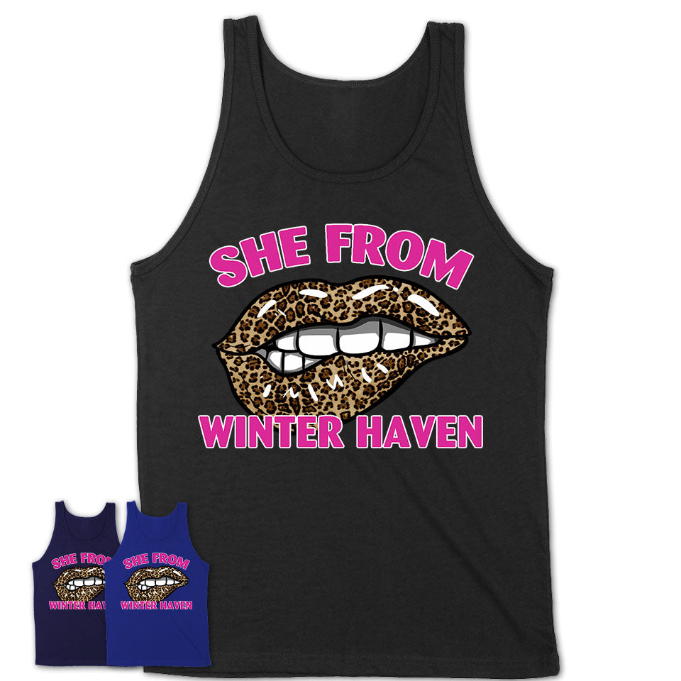 She From Winter Haven Florida Gift Cheetah Leopard Sexy Lips Shirt