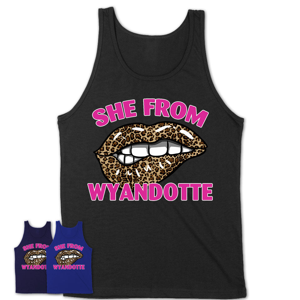 She From Wyandotte Michigan Gift Cheetah Leopard Sexy Lips Shirt