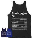 Sheboygan Girl Wisconsin Nutrition Facts Proud Vintage Sport Born Living City Home Roots USA Gift Women T-Shirt