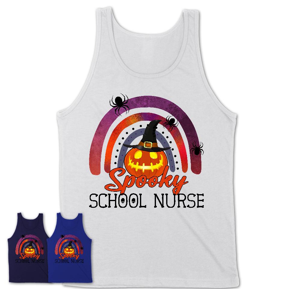 Spooky School Nurse Shirt, Halloween Rainbow Shirt for Women, Funny Pumpkin Shirt for School Nurse, Halloween Gift