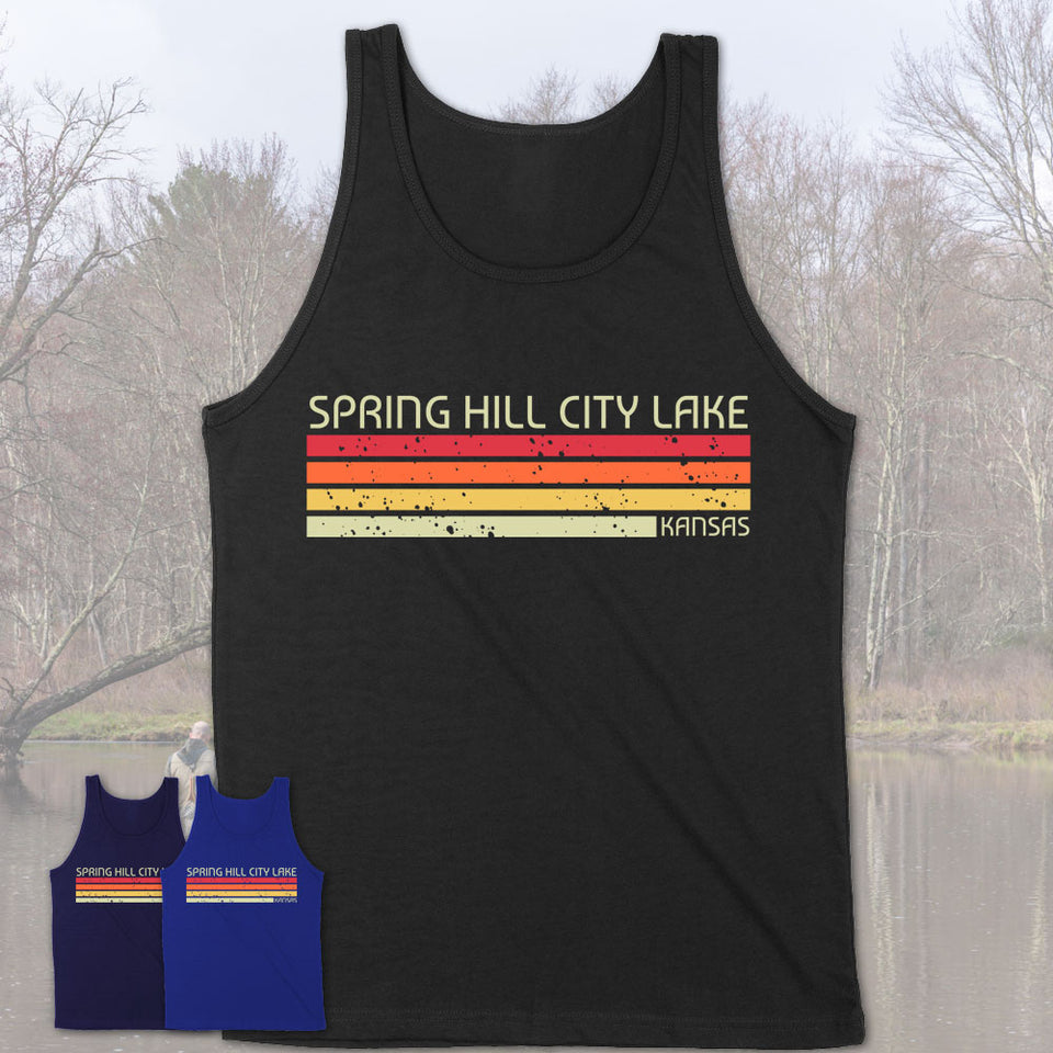 Spring Hill City Lake Kansas Funny Fishing Camping Summer Retro Gift T-Shirt