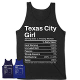 Texas City Girl Texas Nutrition Facts Proud Vintage Sport Born Living City Home Roots USA Gift Women T-Shirt