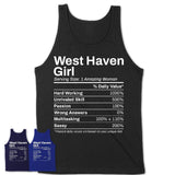 West Haven Girl Connecticut Nutrition Facts Proud Vintage Sport Born Living City Home Roots USA Gift Women T-Shirt