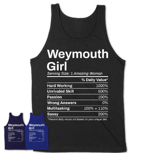 Weymouth Girl Massachusetts Nutrition Facts Proud Vintage Sport Born Living City Home Roots USA Gift Women T-Shirt