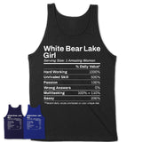 White Bear Lake Girl Minnesota Nutrition Facts Proud Vintage Sport Born Living City Home Roots USA Gift Women T-Shirt