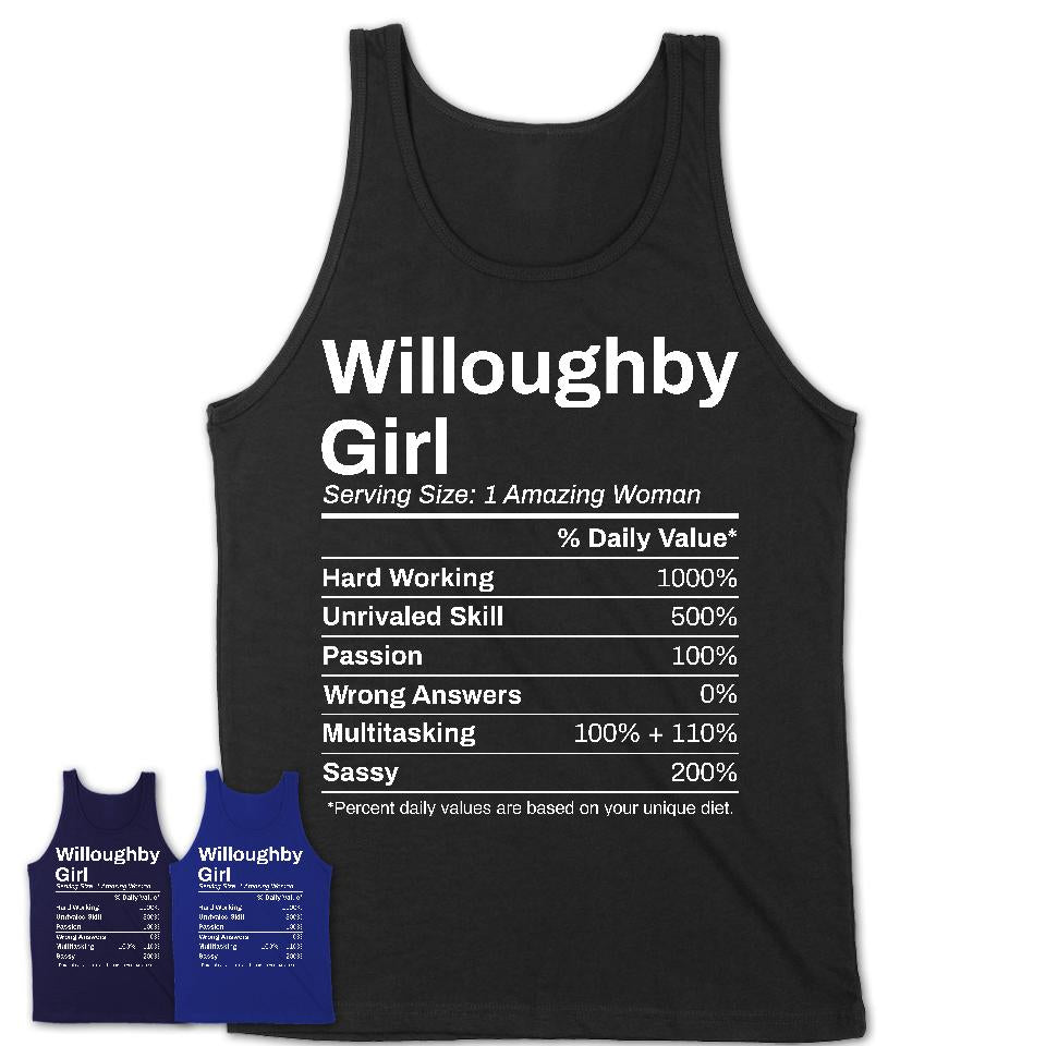 Willoughby Girl Ohio Nutrition Facts Proud Vintage Sport Born Living City Home Roots USA Gift Women T-Shirt