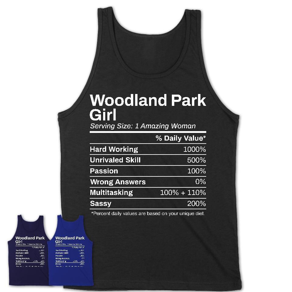 Woodland Park Girl New Jersey Nutrition Facts Proud Vintage Sport Born Living City Home Roots USA Gift Women T-Shirt