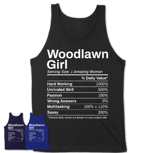 Woodlawn Girl Maryland Nutrition Facts Proud Vintage Sport Born Living City Home Roots USA Gift Women T-Shirt