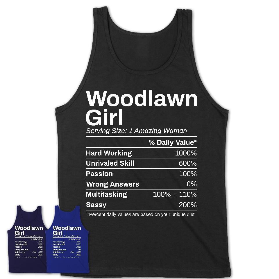 Woodlawn Girl Maryland Nutrition Facts Proud Vintage Sport Born Living City Home Roots USA Gift Women T-Shirt