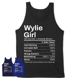 Wylie Girl Texas Nutrition Facts Proud Vintage Sport Born Living City Home Roots USA Gift Women T-Shirt