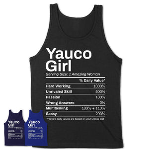 Yauco Girl Puerto Rico Nutrition Facts Proud Vintage Sport Born Living City Home Roots USA Gift Women T-Shirt