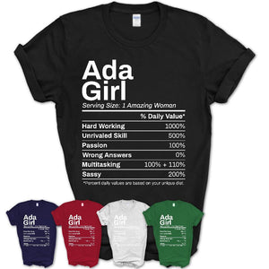 Ada Girl Oklahoma Nutrition Facts Proud Vintage Sport Born Living City Home Roots USA Gift Women T-Shirt
