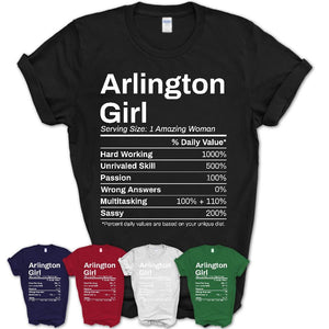 Arlington Girl Texas Nutrition Facts Proud Vintage Sport Born Living City Home Roots USA Gift Women T-Shirt