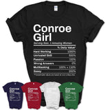 Conroe Girl Texas Nutrition Facts Proud Vintage Sport Born Living City Home Roots USA Gift Women T-Shirt