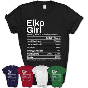 Elko Girl Nevada Nutrition Facts Proud Vintage Sport Born Living City Home Roots USA Gift Women T-Shirt