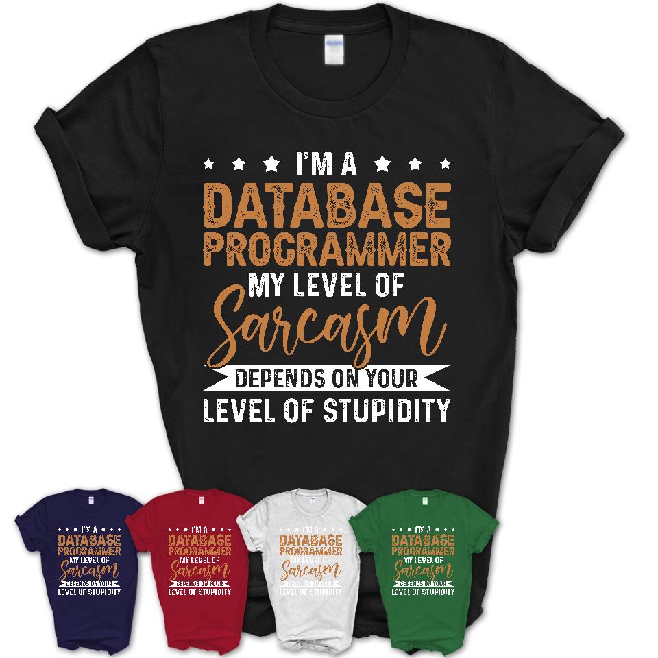 Funny Database Programmer Shirt My Level of Sarcasm Depends on Your Level Of Stupidity T Shirt