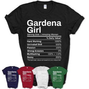 Gardena Girl California Nutrition Facts Proud Vintage Sport Born Living City Home Roots USA Gift Women T-Shirt