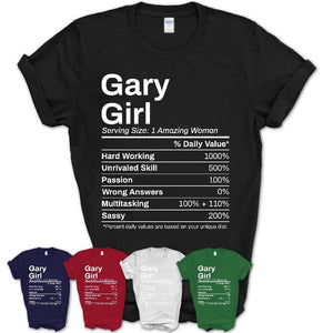 Gary Girl Indiana Nutrition Facts Proud Vintage Sport Born Living City Home Roots USA Gift Women T-Shirt
