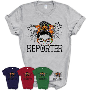 Halloween Reporter Shirt, Messy Bun Girl Shirt, Funny Coworker Gift in Halloween, Scary Costume Team Shirt
