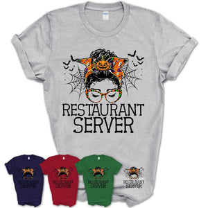 Halloween Restaurant Server Shirt, Messy Bun Girl Shirt, Funny Coworker Gift in Halloween, Scary Costume Team Shirt