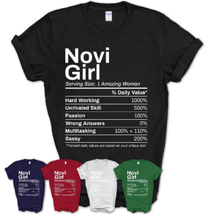 Novi Girl Michigan Nutrition Facts Proud Vintage Sport Born Living City Home Roots USA Gift Women T-Shirt