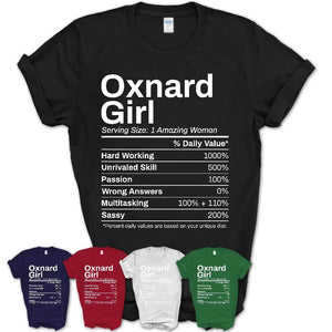 Oxnard Girl California Nutrition Facts Proud Vintage Sport Born Living City Home Roots USA Gift Women T-Shirt