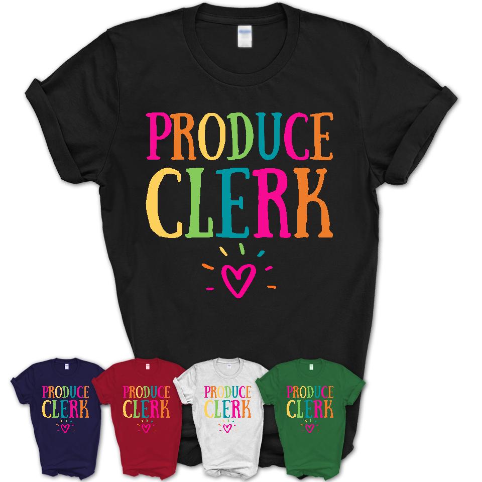 Produce Clerk Rainbow Lettering Heart Shirt, Employee Appreciation Gifts